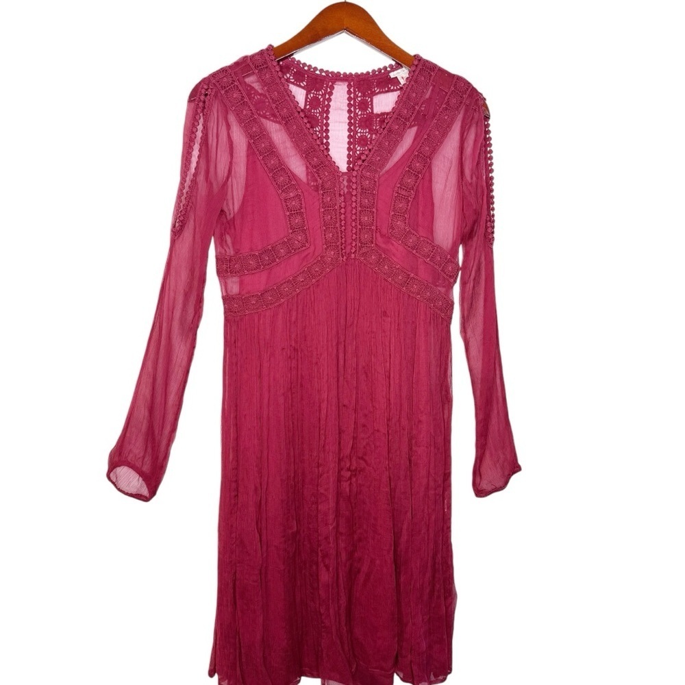 SUNDANCE Embroidered Lace Sheer Overlay Slip Dress Size 4 P in Merlot Red
